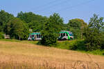 Der VT 255 (95 80 0648 155-9 D-VCT / 95 80 0648 655-8 D-VCT), ein Alstom Coradia LINT 41, der damaligen vectus Verkehrsgesellschaft mbH, fährt am 09 Juli 2013 bei Nistertal, als RB 28
