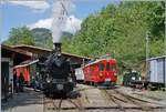 Der in der Mitte des Bildes stehende RhB ABe 4/4 I N� 35 der Blonay Chamby Bahn ergab dieses eher seltene Bild mit der von Blonay angekommen BFD HG 3/4 N� 3 und der etwas verdeckten kleinen